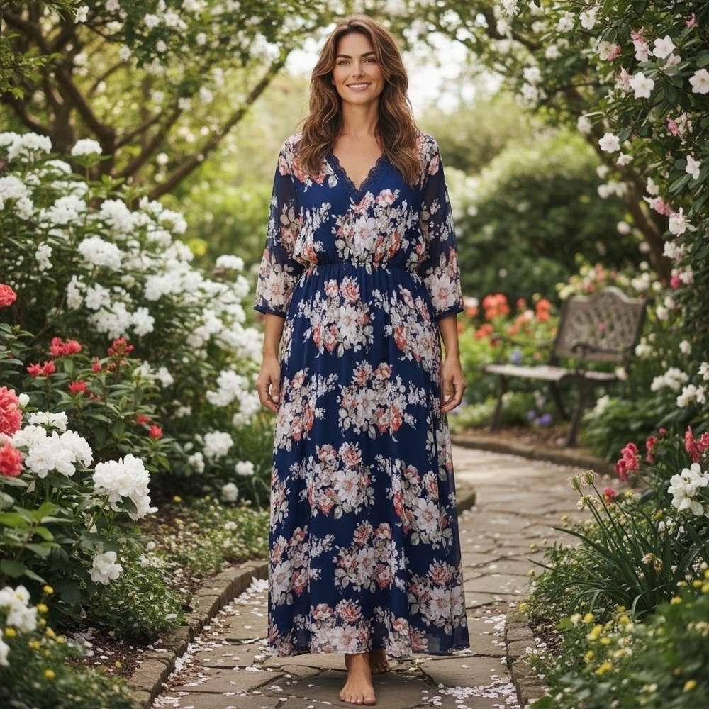 Robert Louis Navy Floral Long Sleeve Dress With Ruffle Neckline